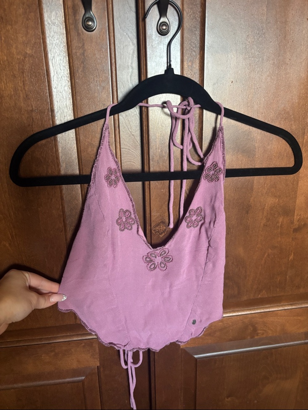 Mauve Halter Crop Camisole with Floral Embroidery